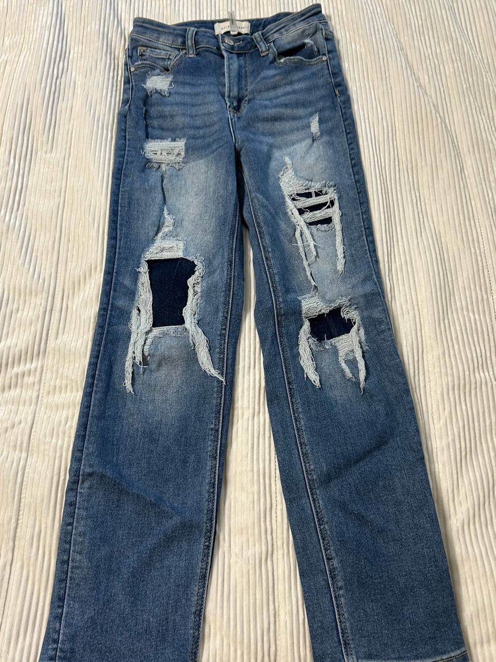 Women's Straight Leg Distressed Jeans in Denim Blue